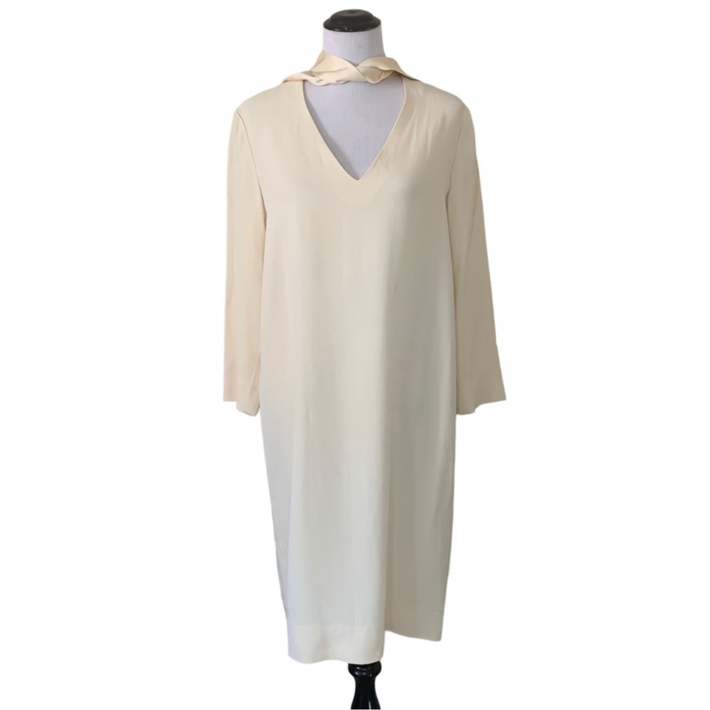 THE ROW $950 BNWT Cream 3/4 Sleeve Shift Dress Size 12 Tie Neck